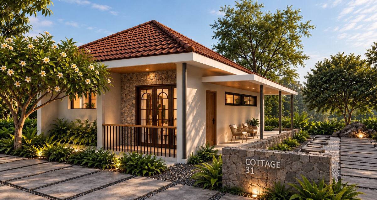 Aroha by Caper cottage exterior at evening