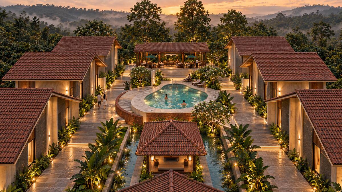 Aroha by Caper reception pool aerial view