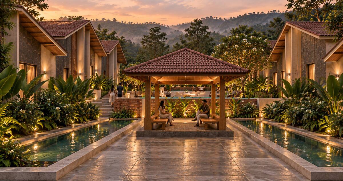 Aroha by Caper reception pavilion, pool and gazebo at dusk