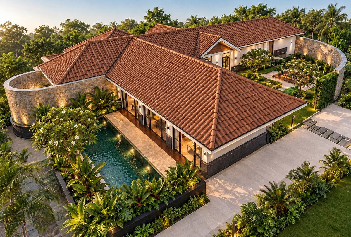 Aroha by Caper villa exterior at evening