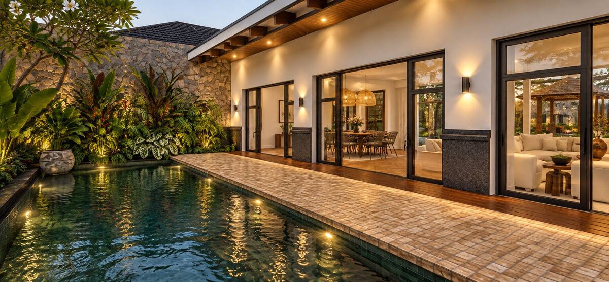 Aroha by Caper villa private pool at evening