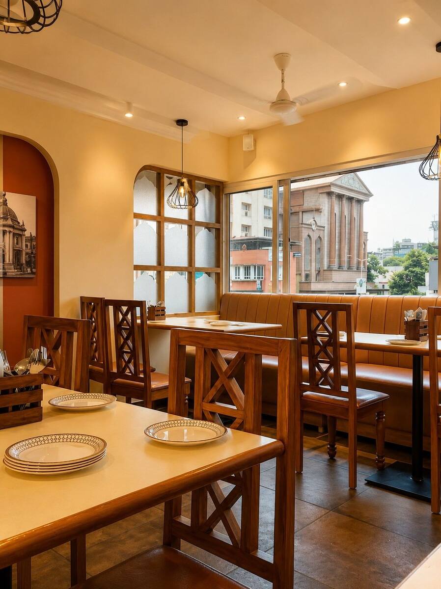 Charminar Restaurant seating with city view through arched window