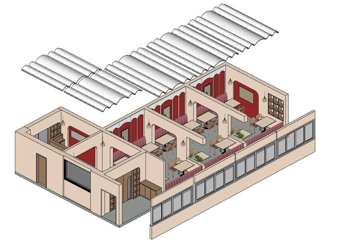 Charminar Restaurant isometric cutaway floor plan showing full dining layout and corrugated roof