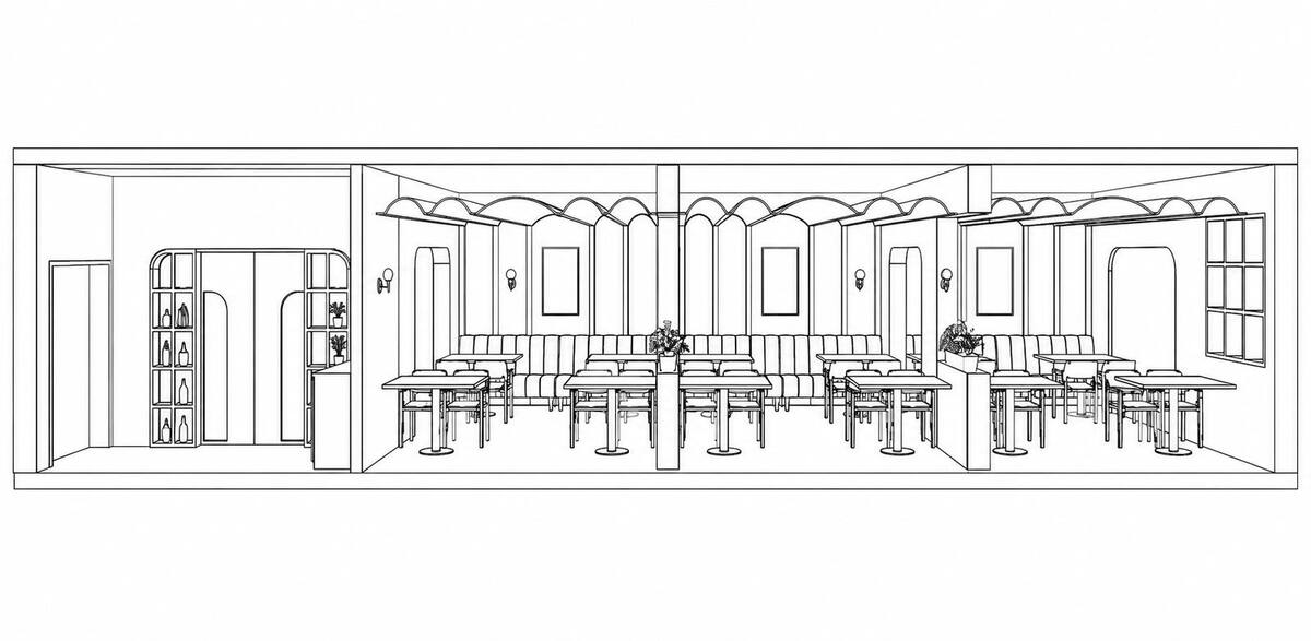 Charminar Restaurant architectural section drawing showing arched booth bays and storage wall
