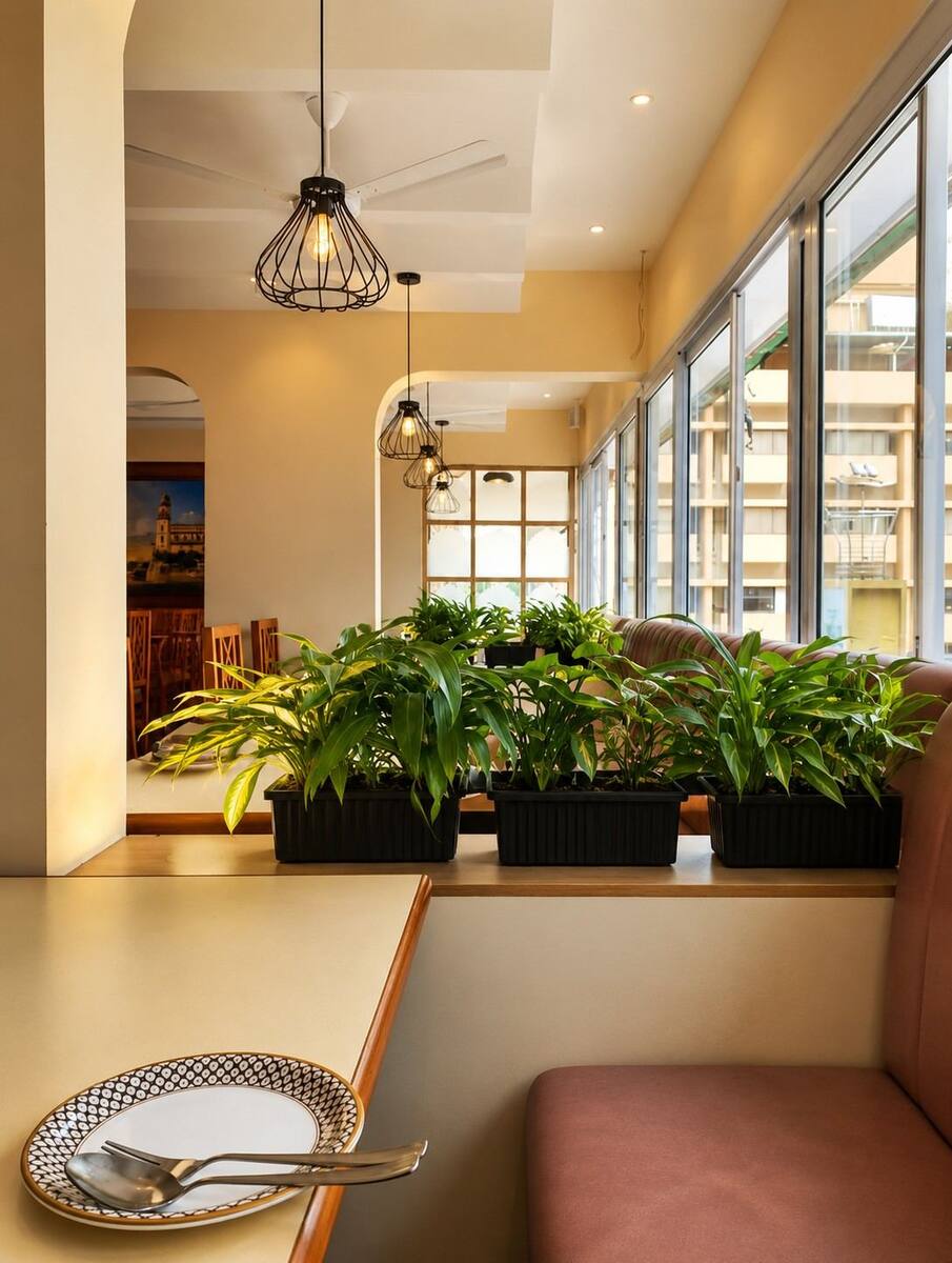 Charminar Restaurant window seating with potted plants