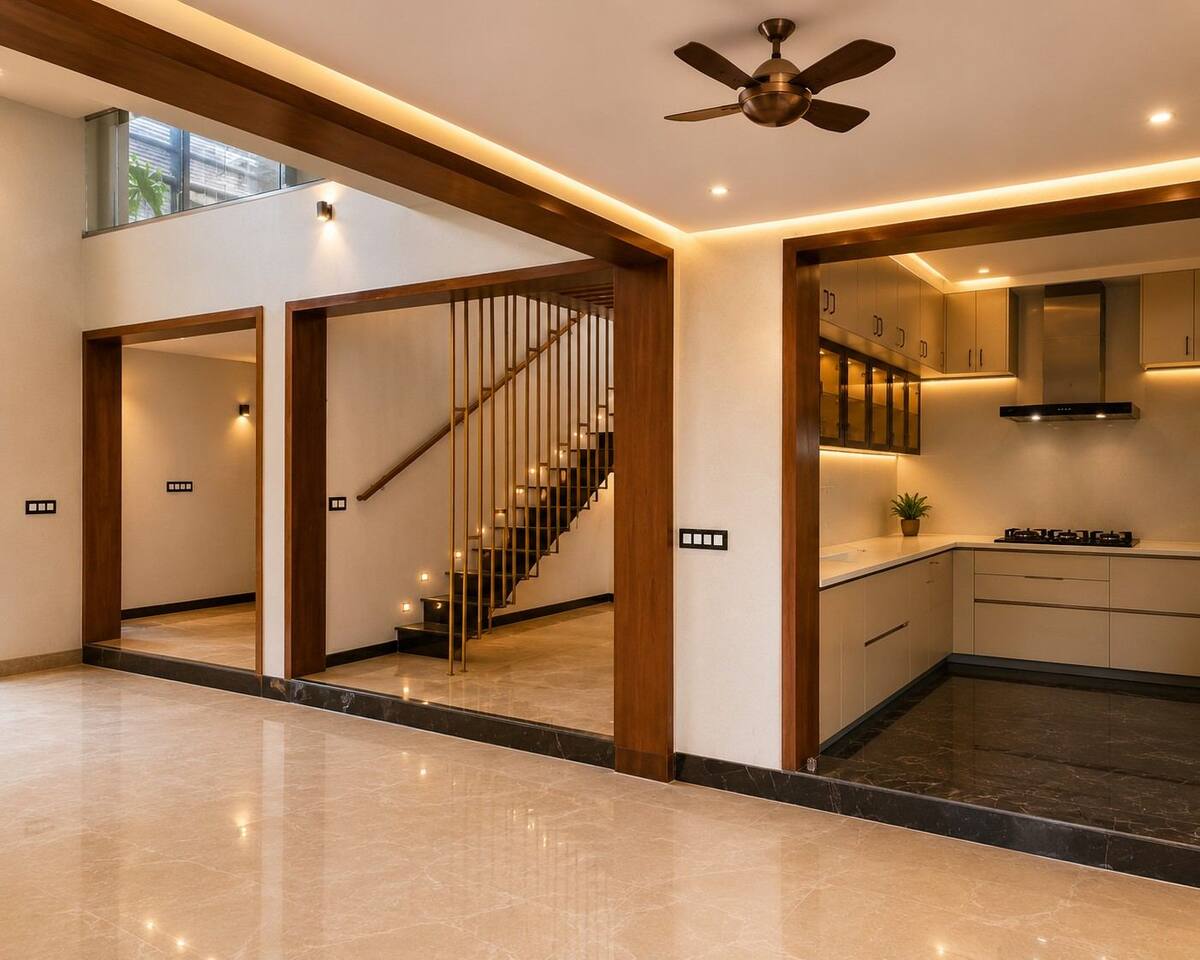 Chikappa Residence living area open to staircase and kitchen