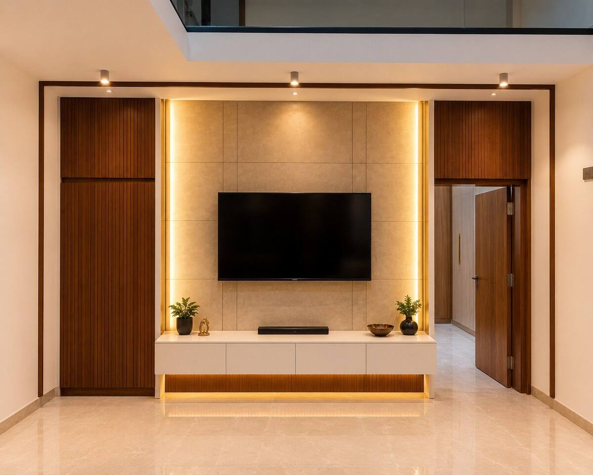 Chikappa Residence walnut TV wall with fluted wardrobe doors