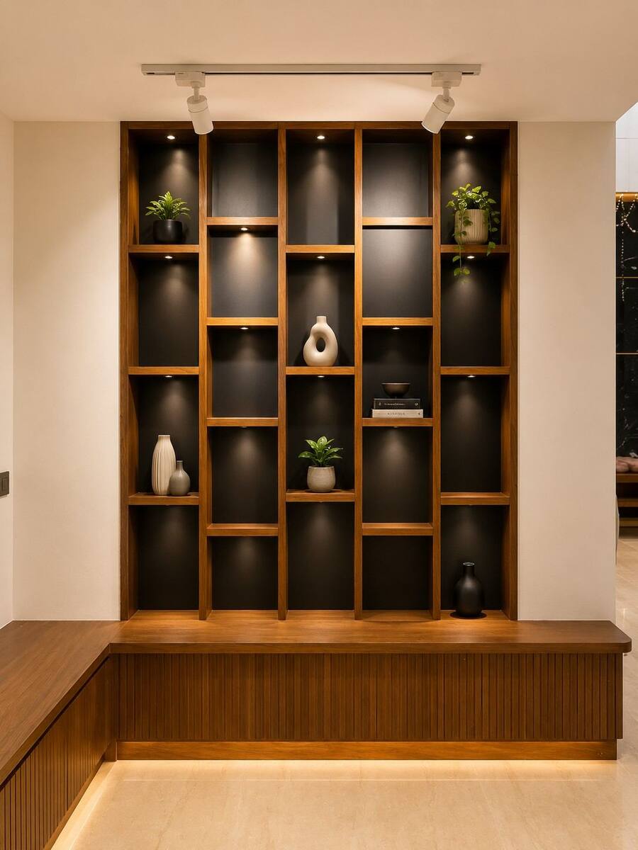 Harish and Chaithra Residence teak display shelving with backlit niches