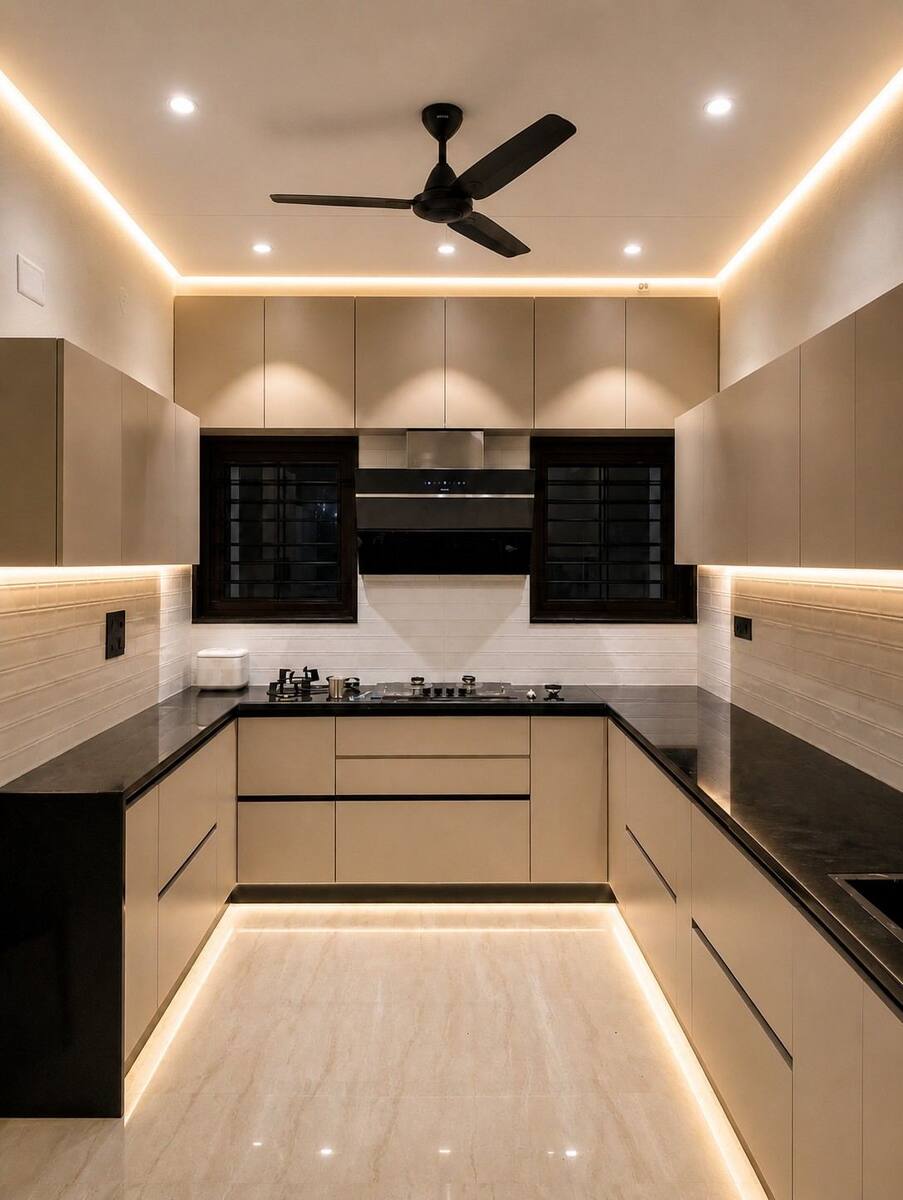 Harish and Chaithra Residence U-shaped kitchen with black countertops
