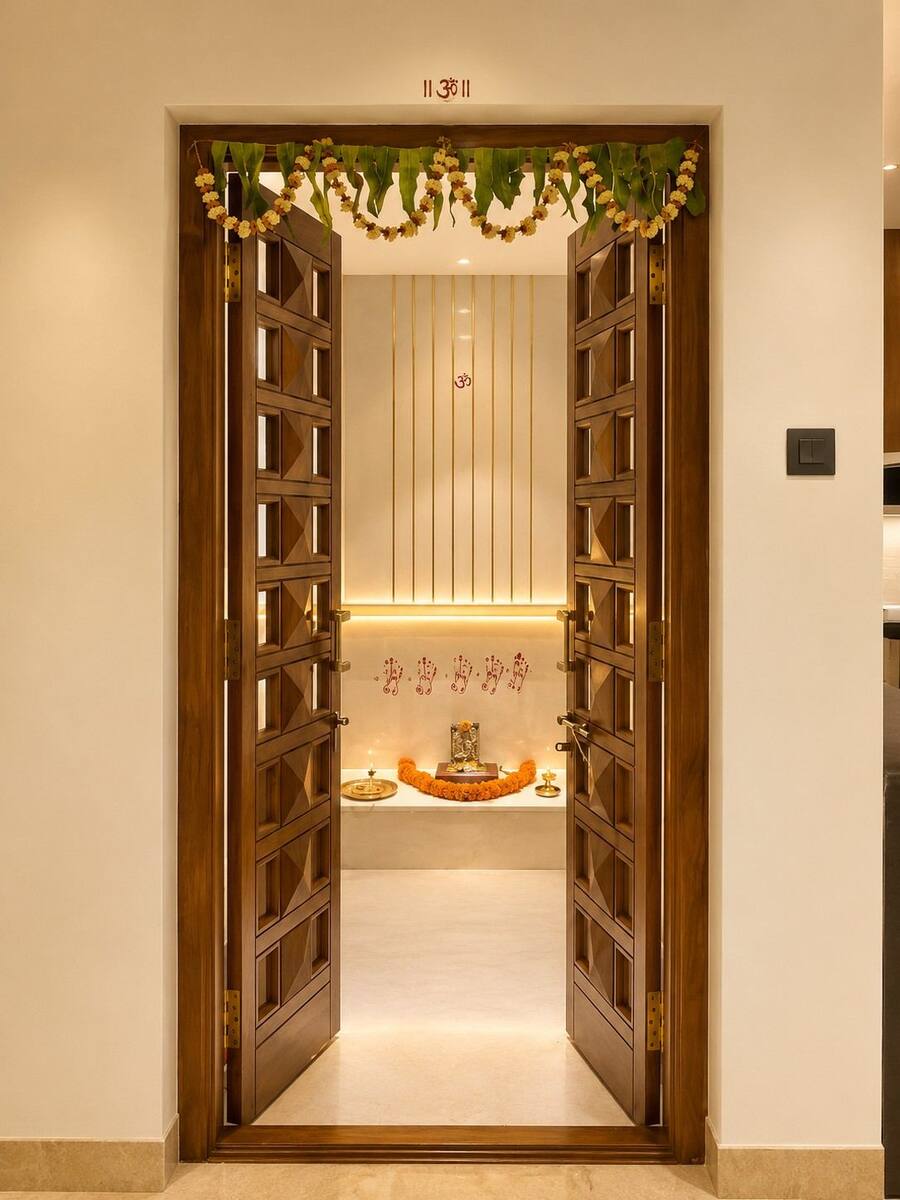 Harish and Chaithra Residence teak jali pooja room doors