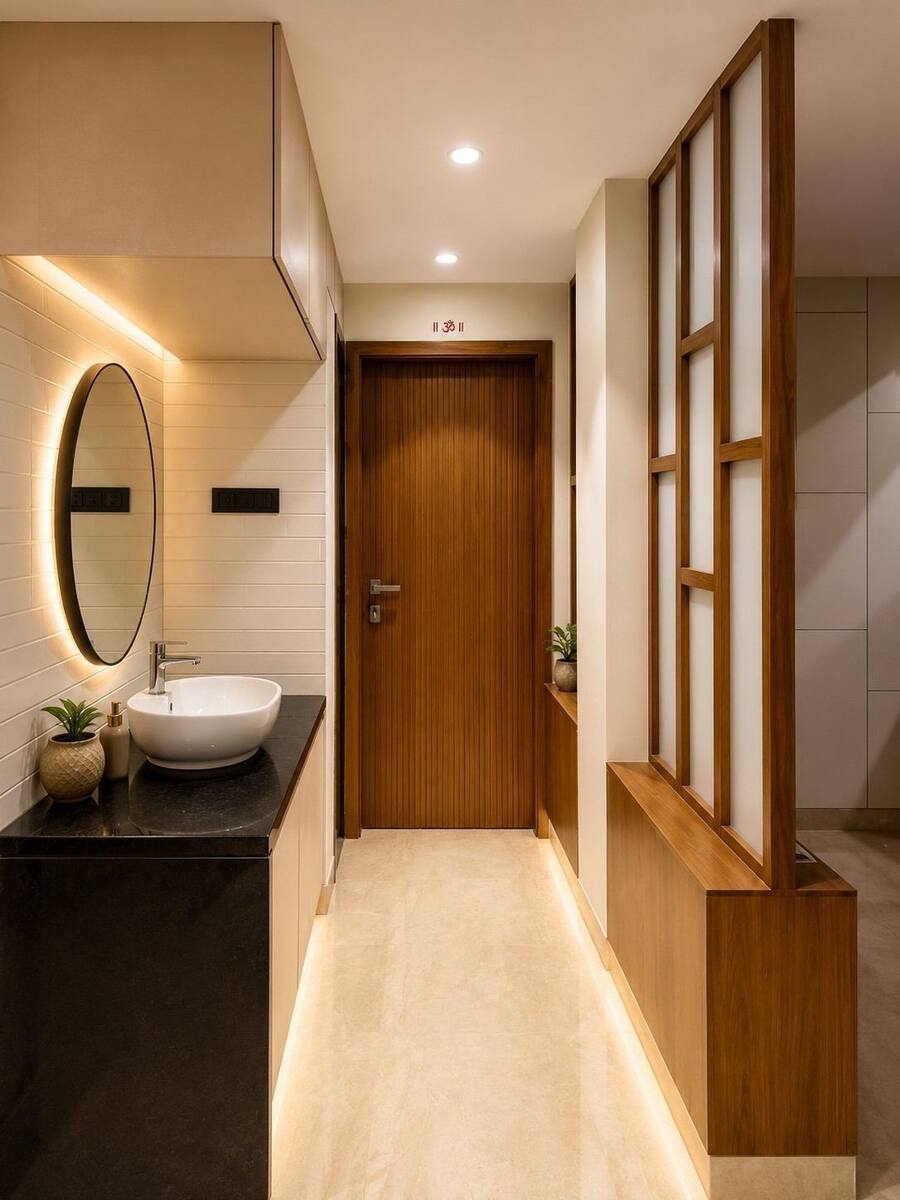 Harish and Chaithra Residence powder vanity beside teak partition