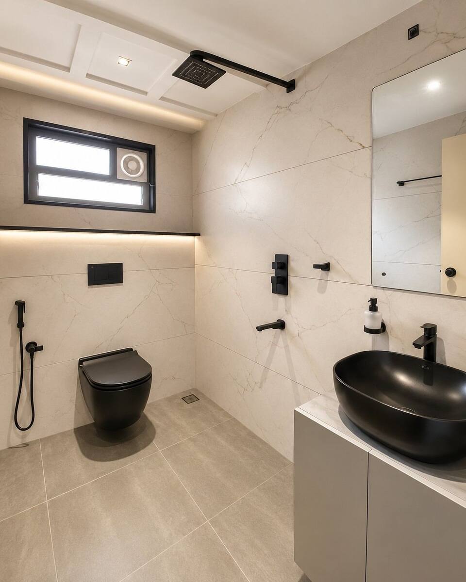 Hitesh Bedroom en-suite bathroom with black fixtures