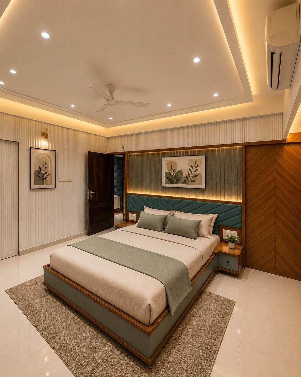 Ivory Towers bedroom with teal velvet headboard and walnut wardrobe