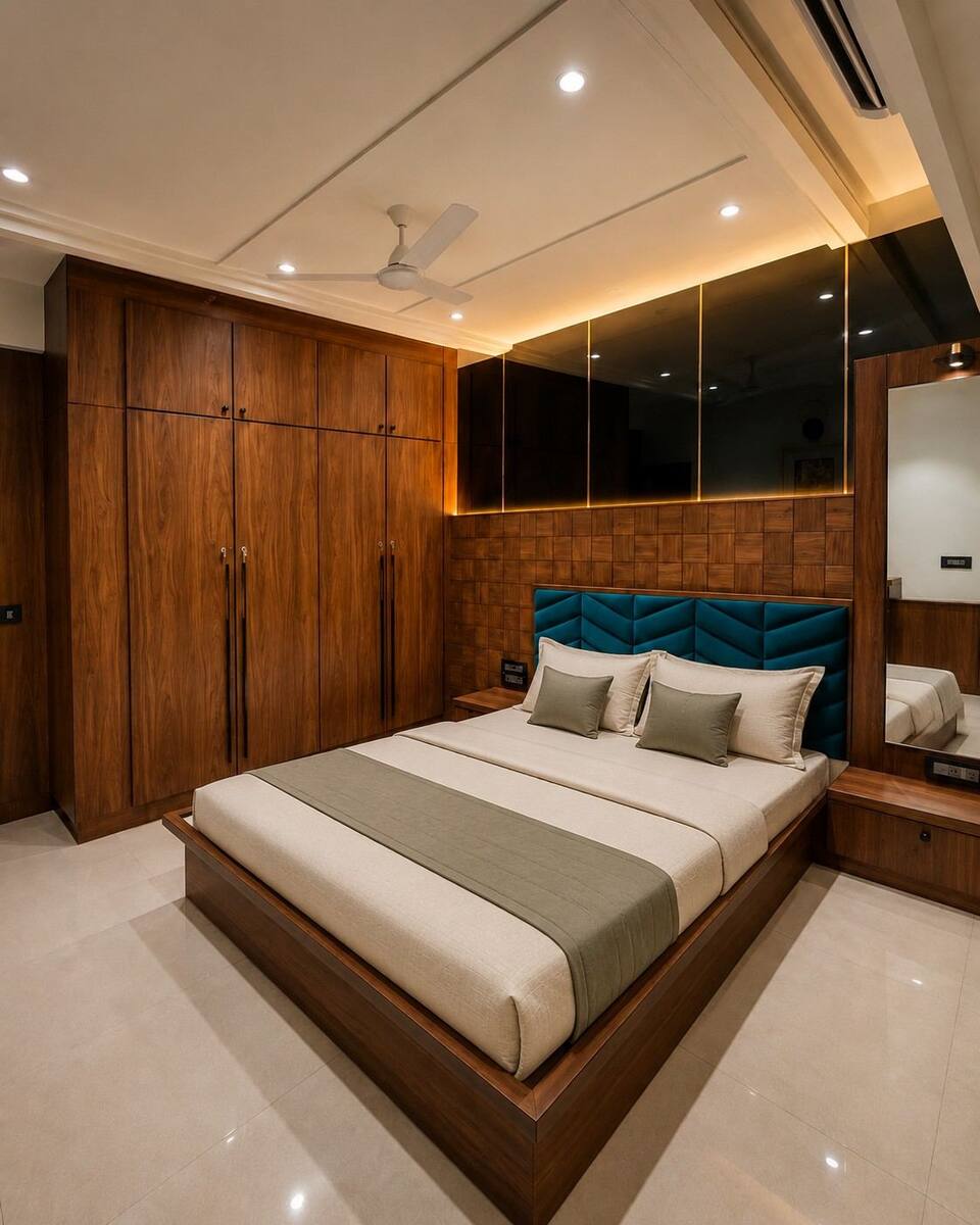Ivory Towers bedroom walnut wardrobe and mirrored panel