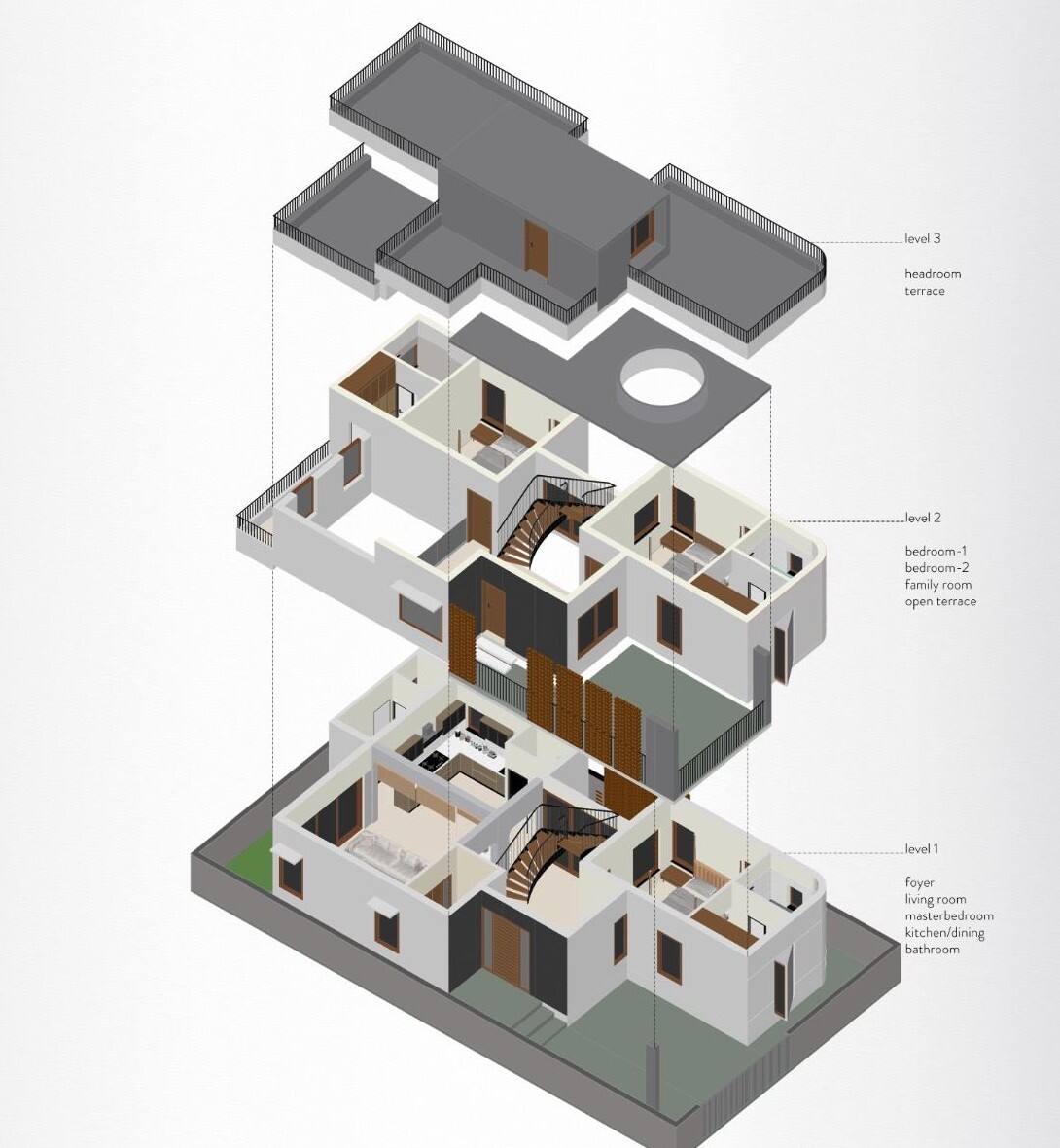 Exploded isometric drawing of KrishnaMurthy Residence showing all three levels