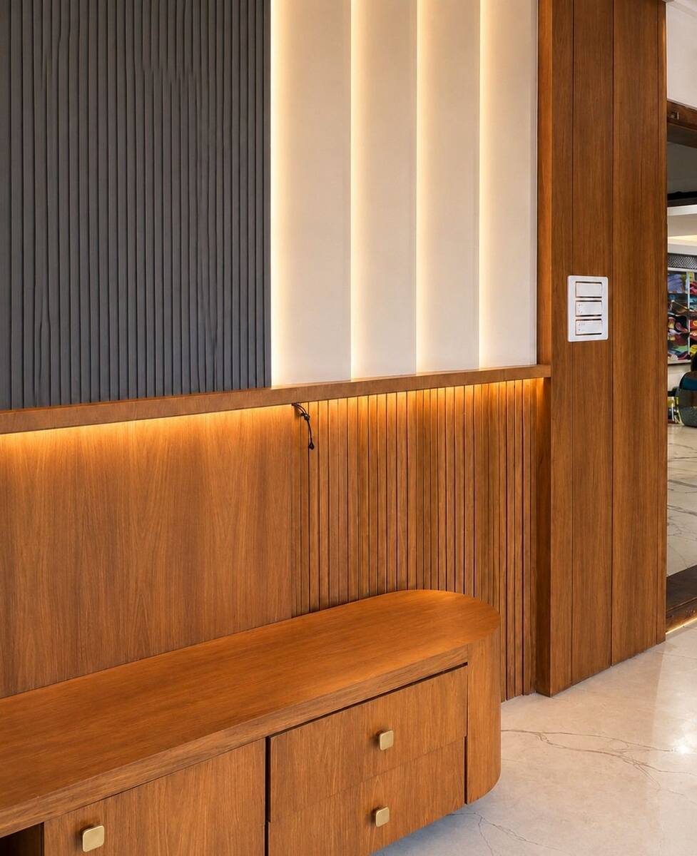 Menasgar Residence fluted wood bench and wall detail