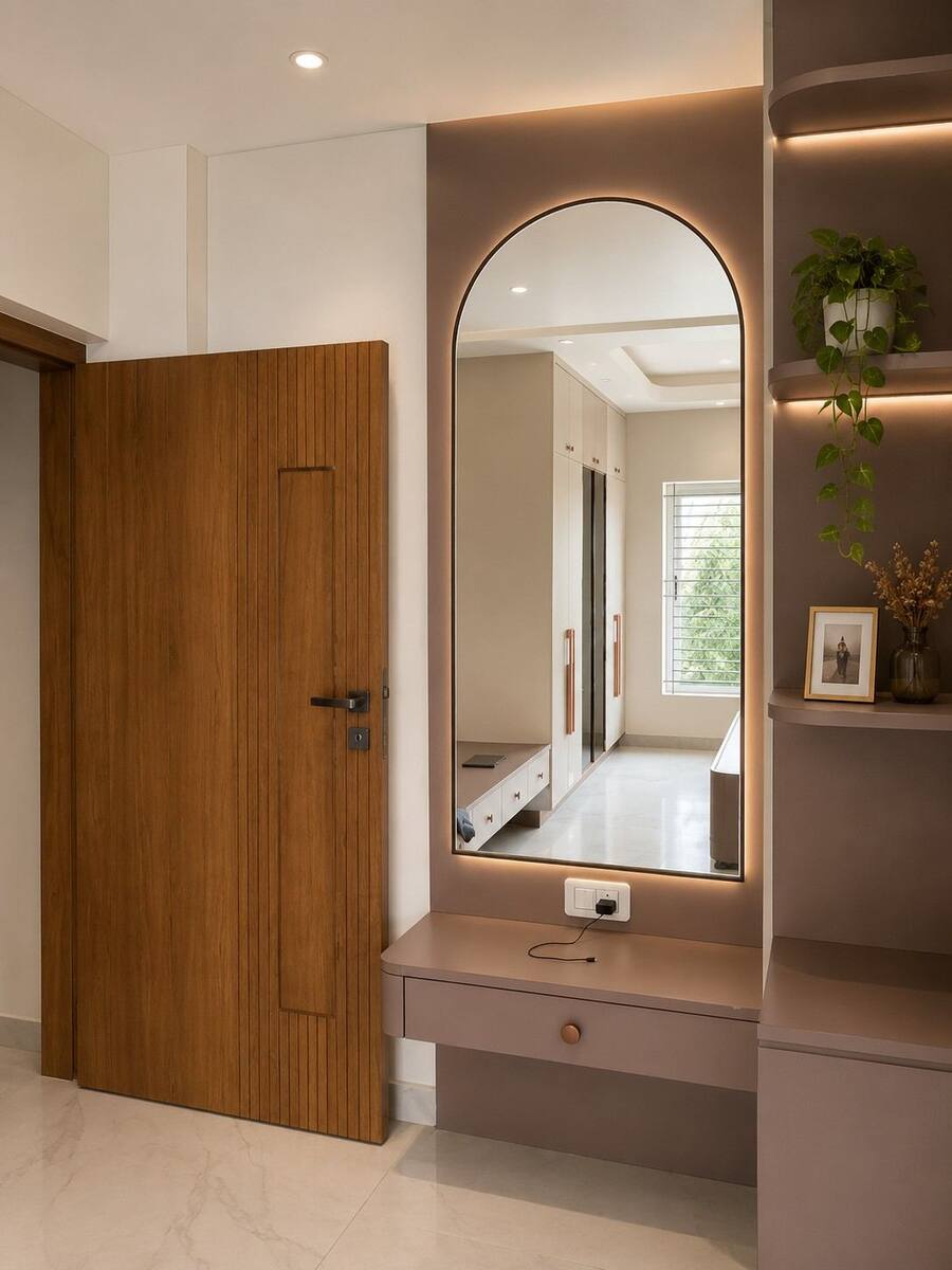 Menasgar Residence bedroom door beside mauve dresser and mirror