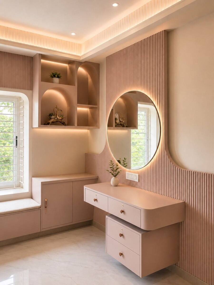 Menasgar Residence blush pink dressing table with round mirror
