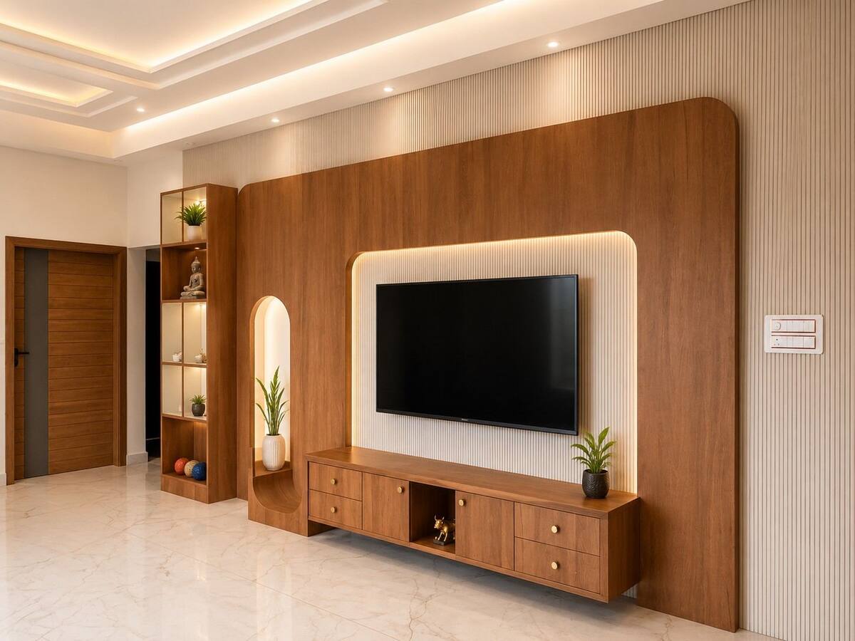 Menasgar Residence walnut TV wall with arched display niche