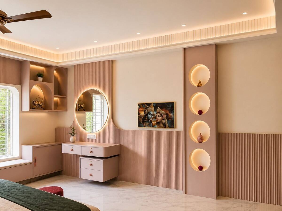 Menasgar Residence blush pink dressing area with arched display niches