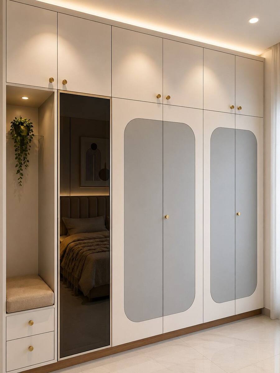Menasgar Residence cream wardrobe with grey rounded panels