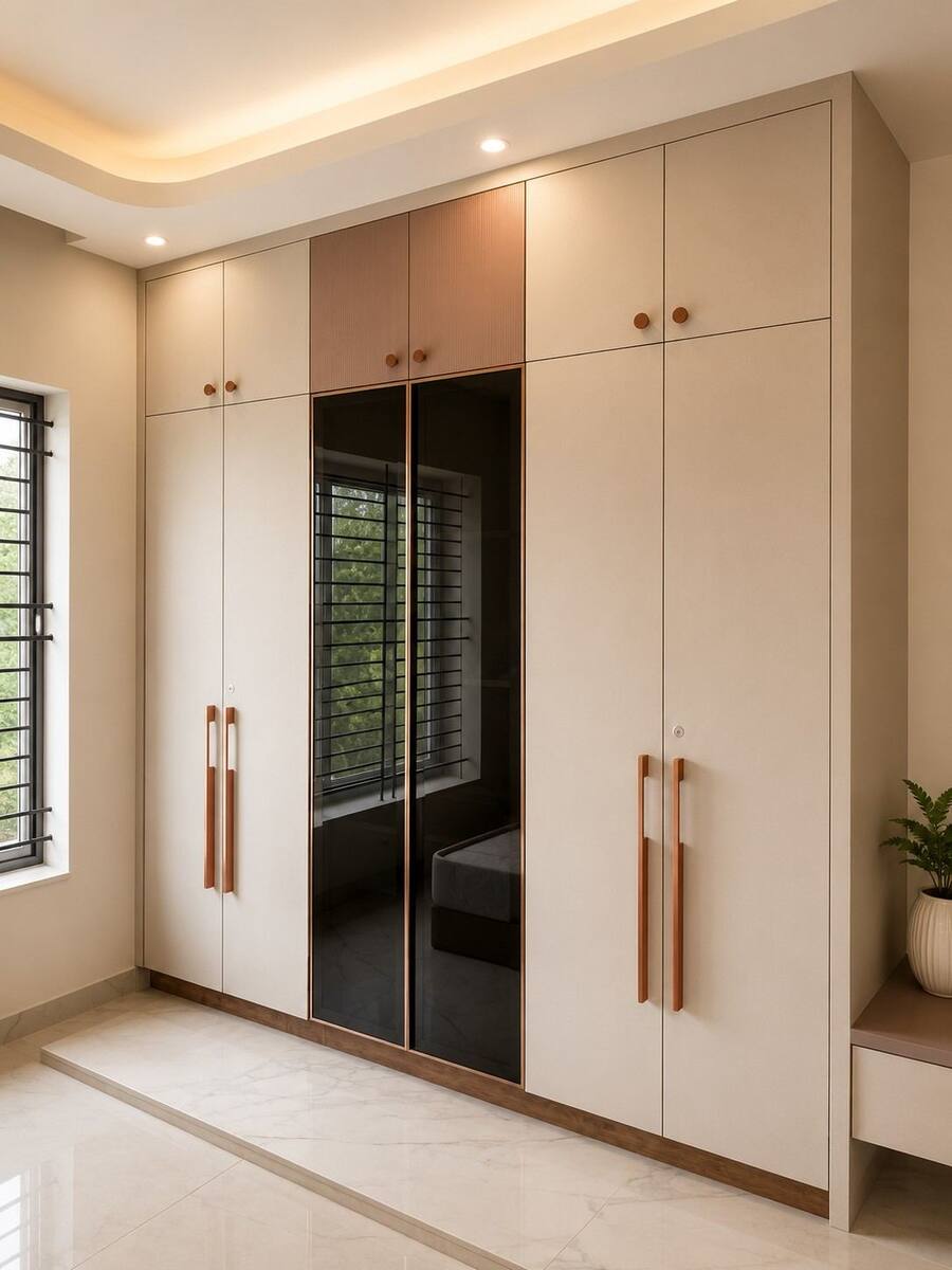 Menasgar Residence tan wardrobe with mirrored center panel