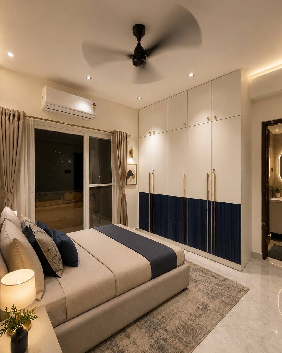 Sri Nandhana Galaxy bedroom with navy and white wardrobe