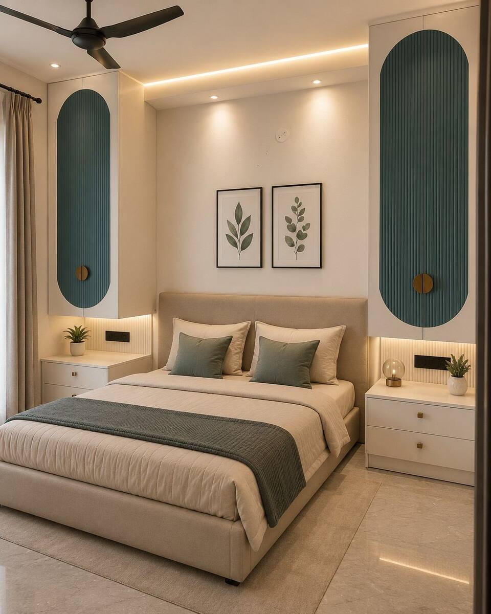 Sri Nandhana Galaxy bedroom with teal fluted wardrobe accents