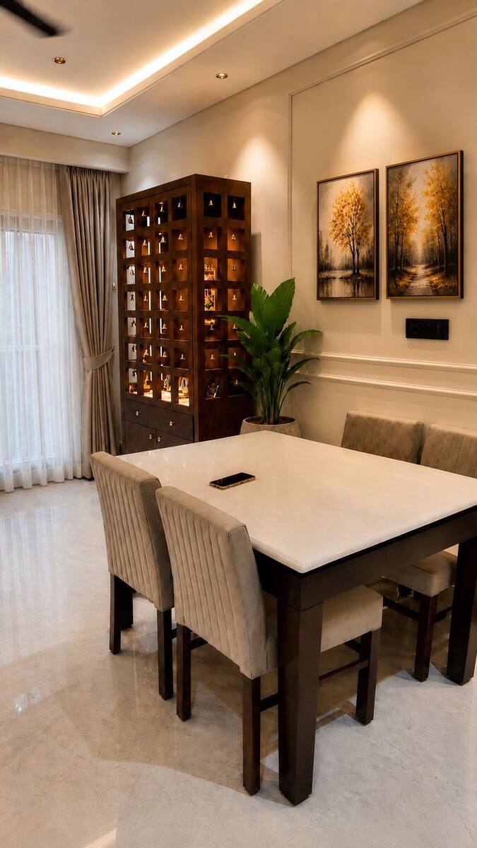 Sri Nandhana Galaxy dining room with pooja unit and wall art
