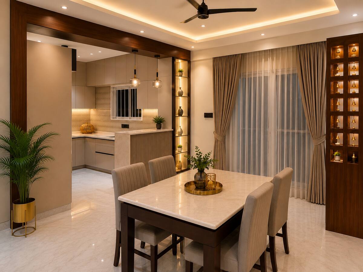 Sri Nandhana Galaxy dining table with kitchen and pooja unit beyond