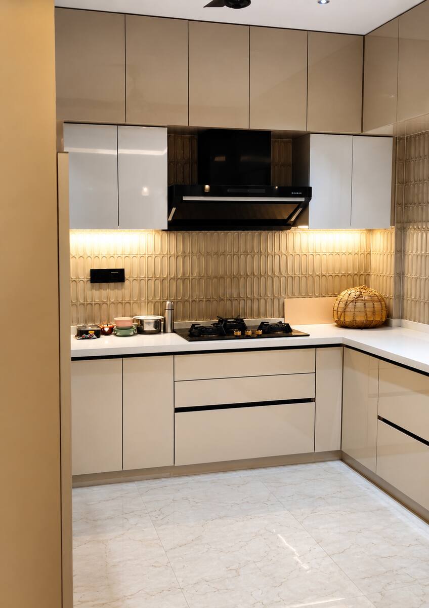 Sri Nandhana Galaxy kitchen cooktop with fluted tile backsplash