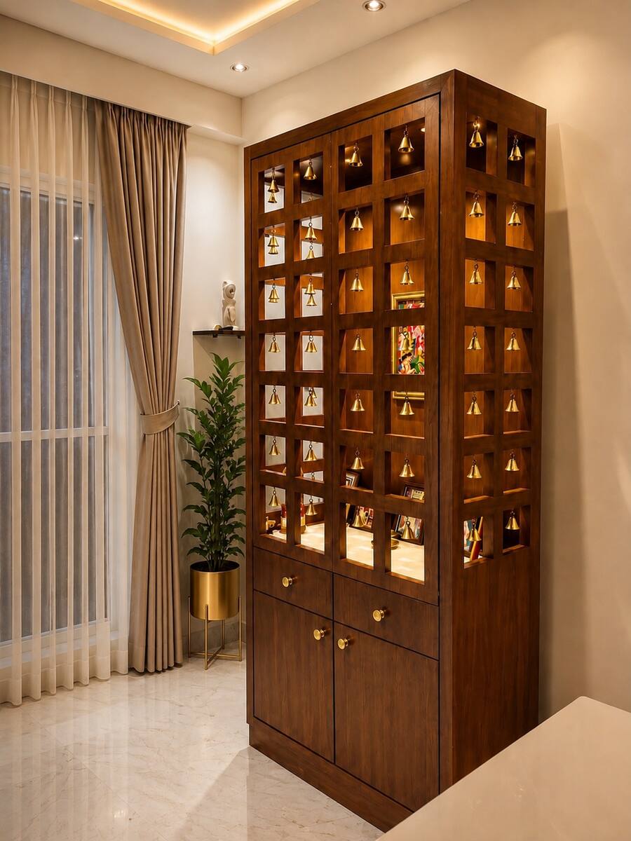 Sri Nandhana Galaxy teak jali pooja unit with brass bells