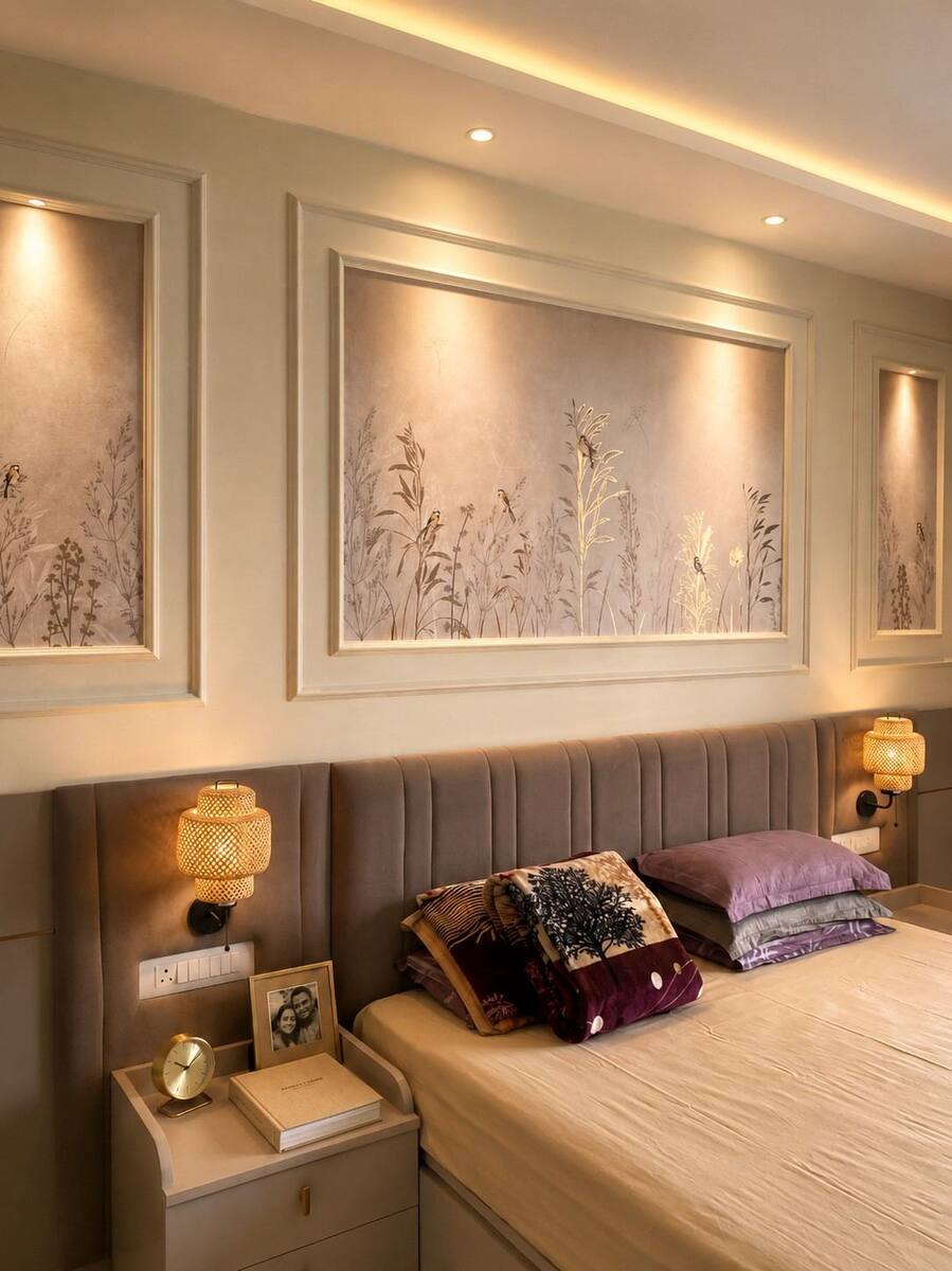 Navami Landmark headboard wall with botanical art panels