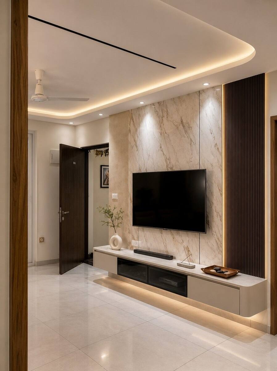 Navami Landmark floating TV unit with marble backdrop