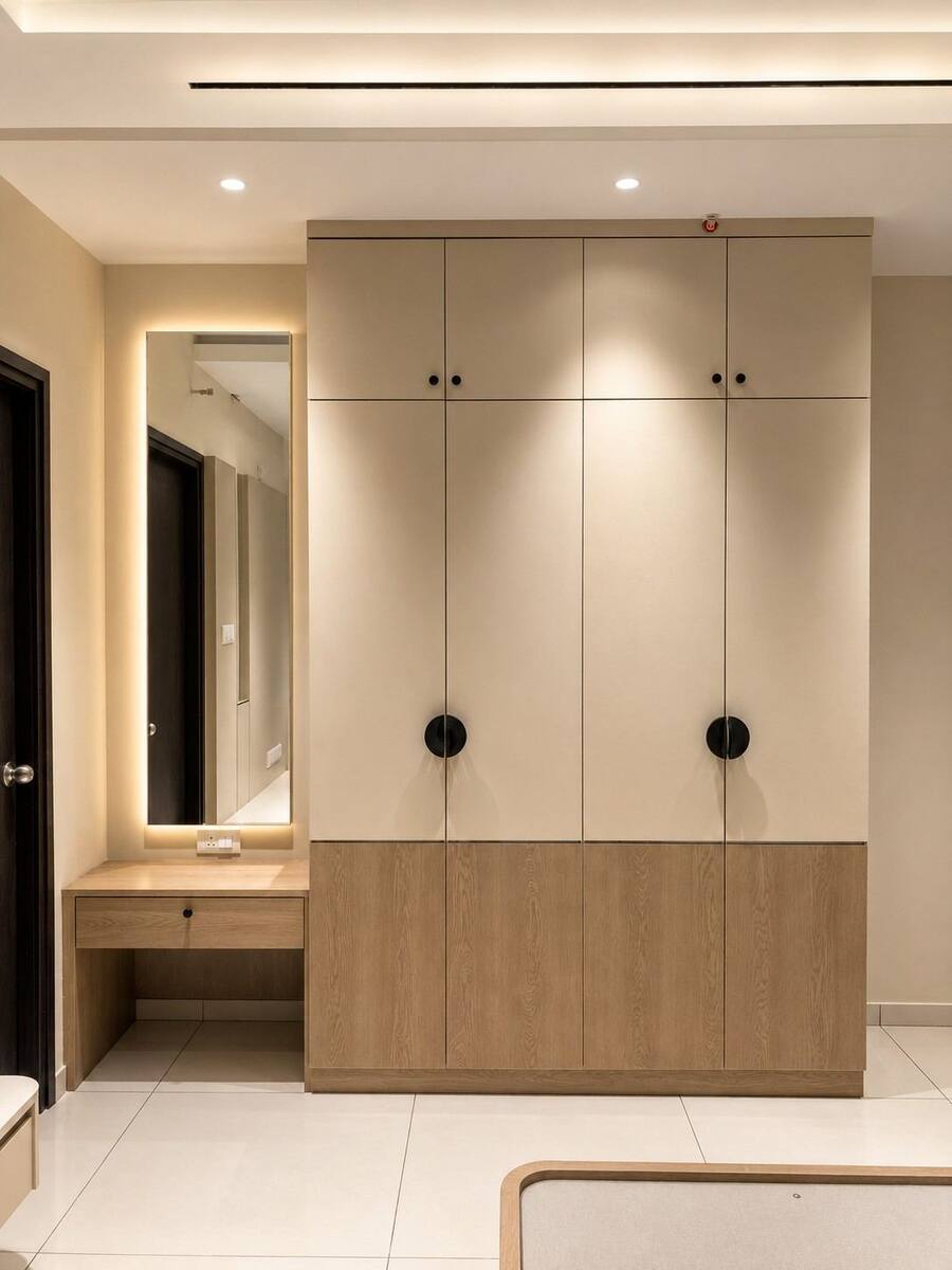 Navami Landmark cream wardrobe with dresser and backlit mirror