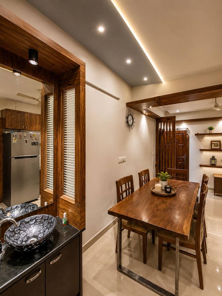 Pinnacle Castle dining table beside the powder vanity and main entrance door