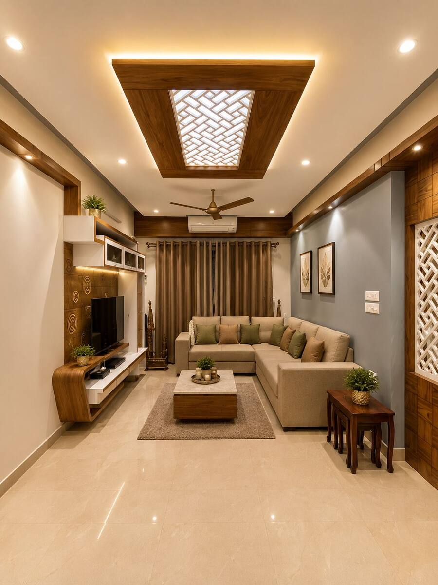 Pinnacle Castle living room with backlit fretwork ceiling coffer