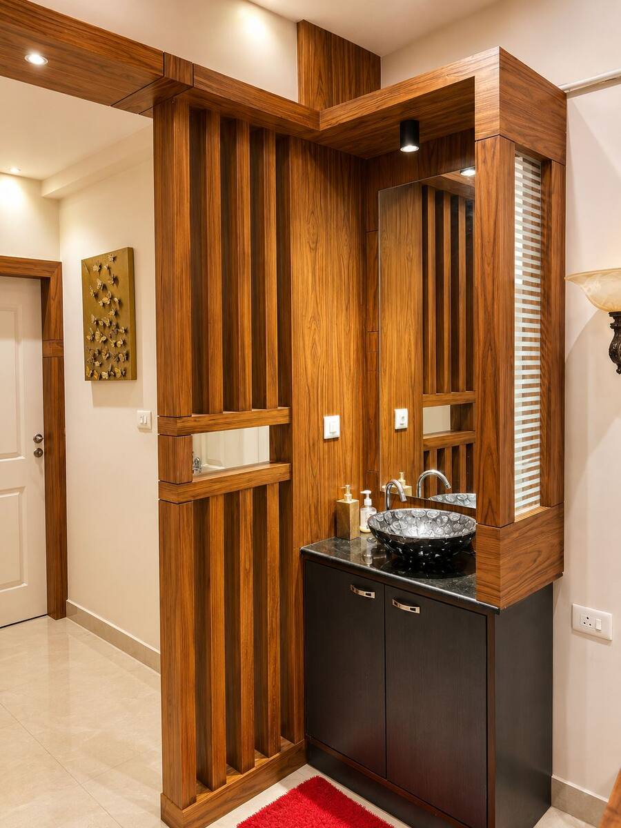 Pinnacle Castle powder vanity nook with teak-slat surround and stone vessel basin