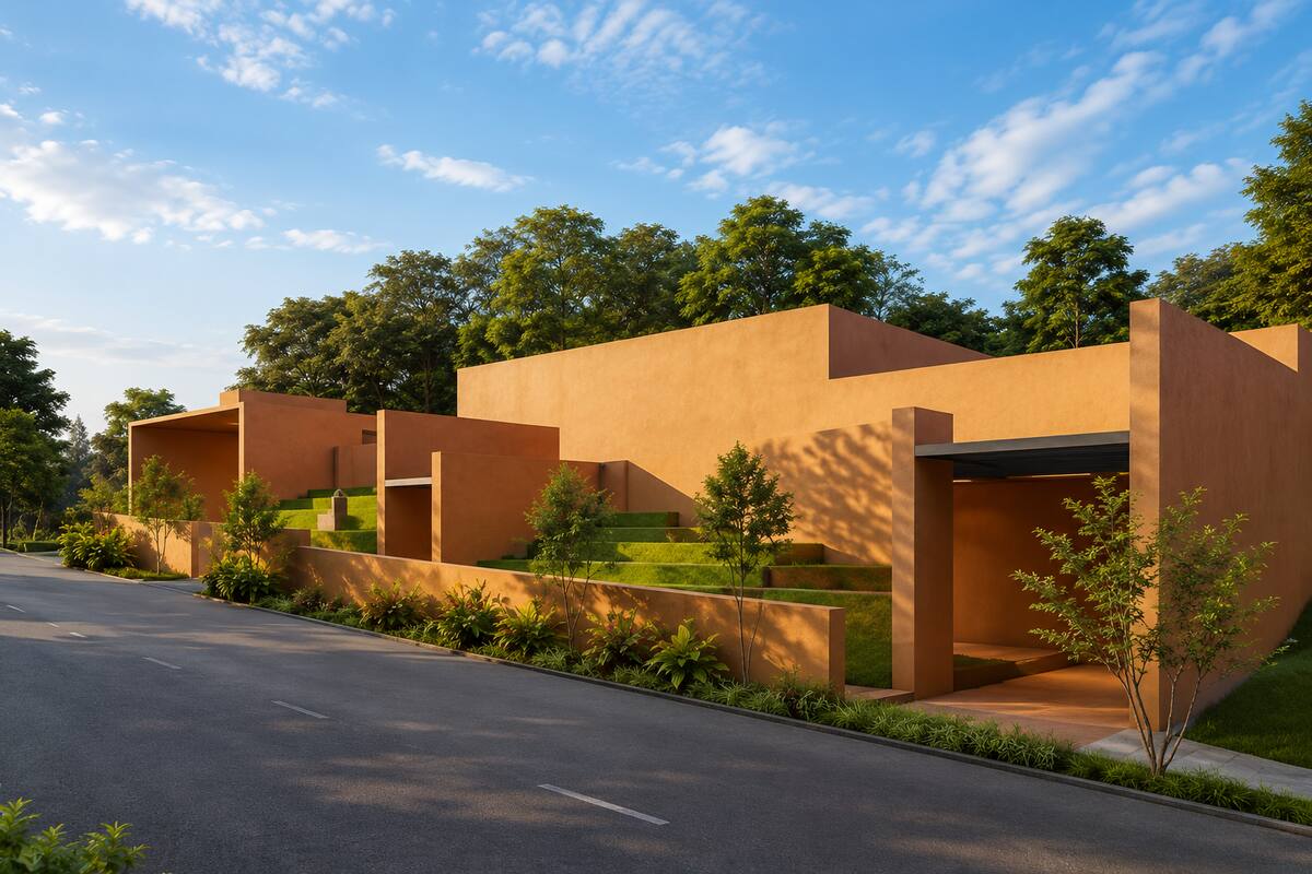 Sabhagrha auditorium angled exterior view showing terraced facade and carport