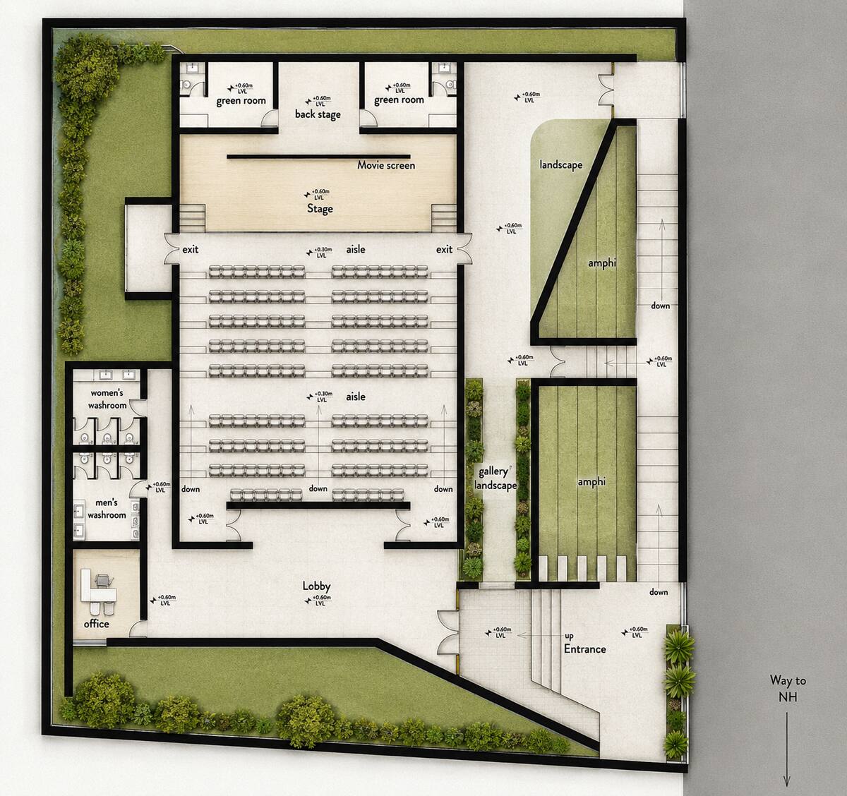 Sabhagrha auditorium floor plan showing 160-seat hall, stage, green rooms, lobby and amphitheater lawn