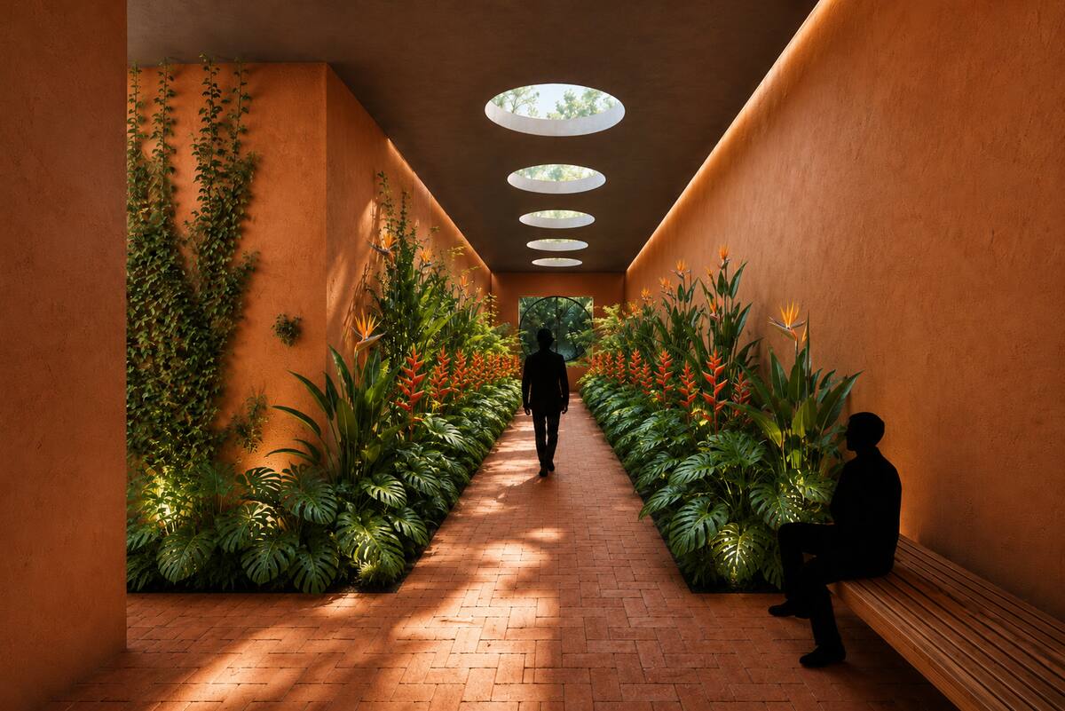 Sabhagrha planted brick corridor with circular skylights