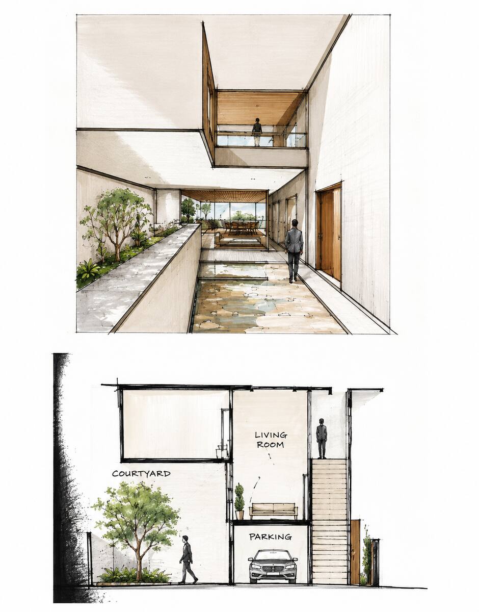 Shimoga Residence hand-rendered courtyard walkway and section sketches