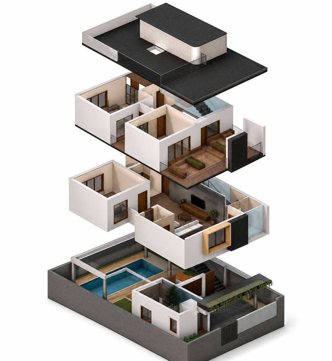 Shimoga Residence exploded isometric showing roof, bedroom level, living level, and pool level