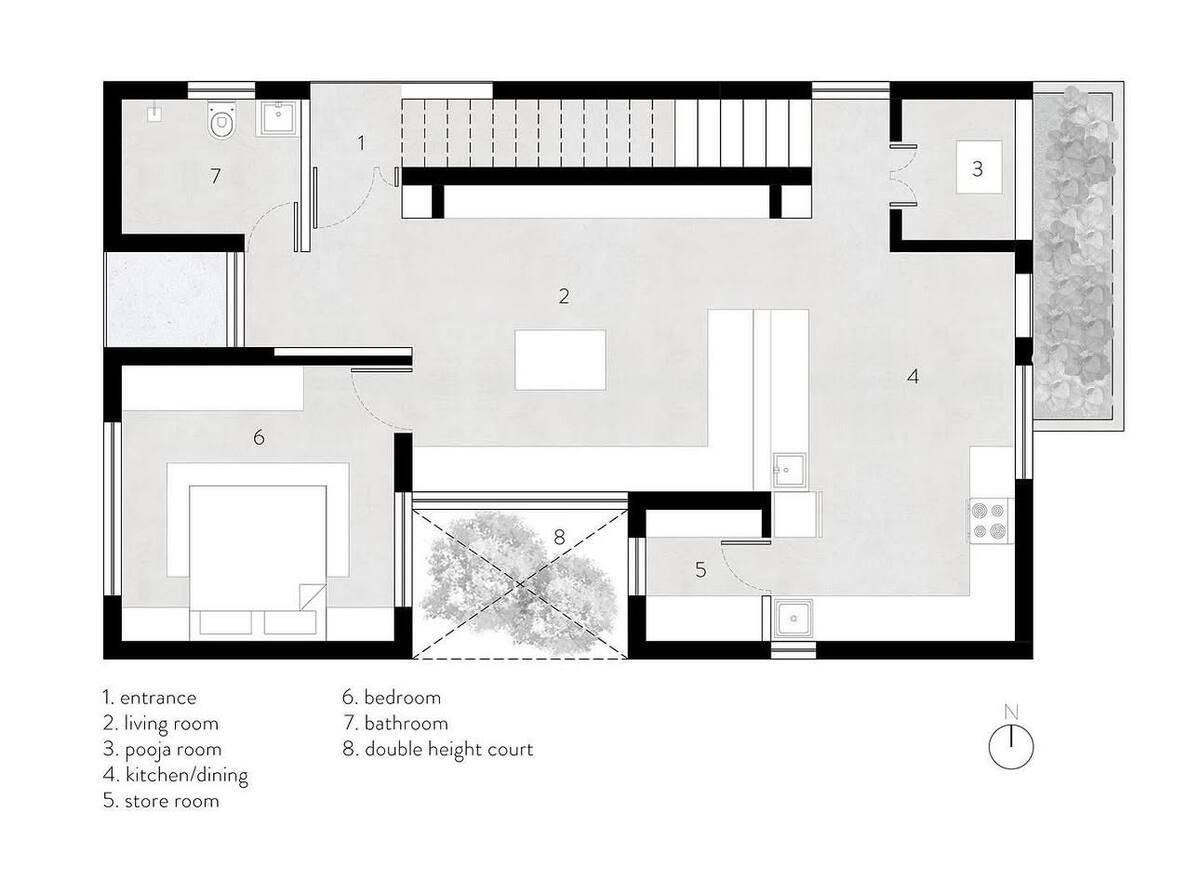 Shimoga Residence first floor plan with living room, pooja room, kitchen/dining, and double height court