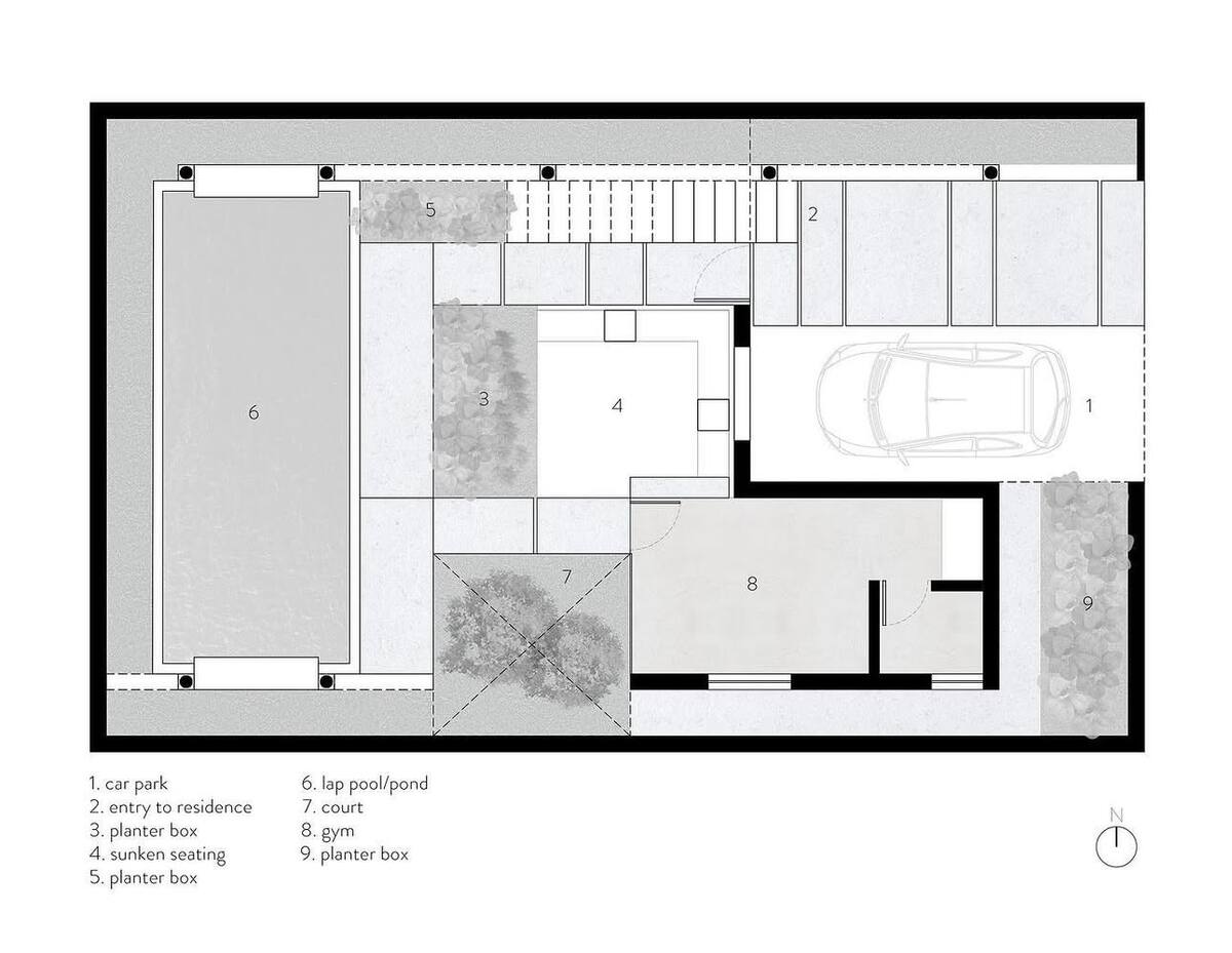 Shimoga Residence ground floor plan with car park, lap pool, sunken seating, and gym