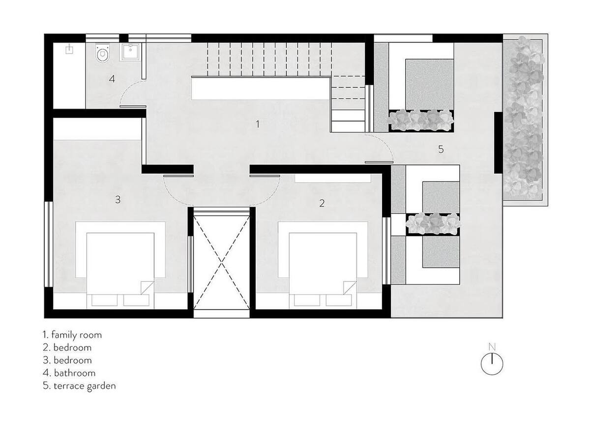 Shimoga Residence second floor plan with family room, bedrooms, and terrace garden