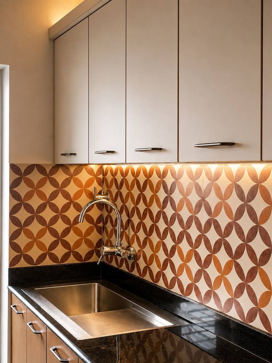 Vandeep Residence kitchen sink with patterned tile backsplash