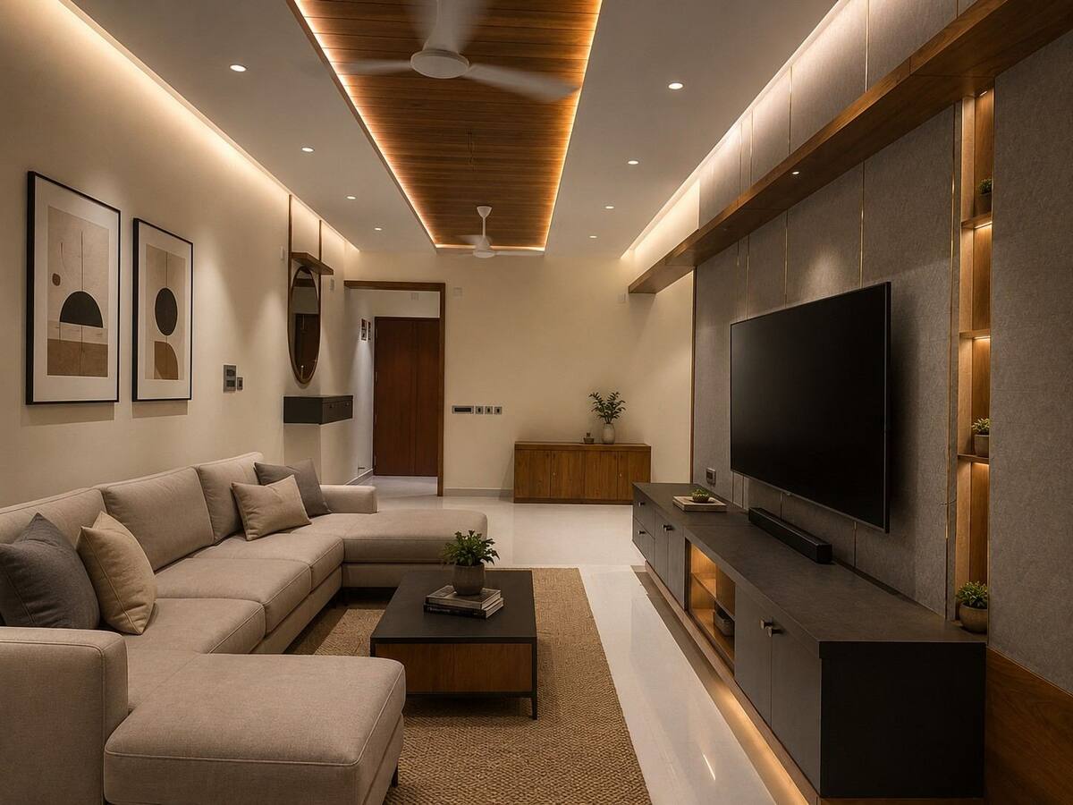 Vandeep Residence living room with wood ceiling detail and TV wall