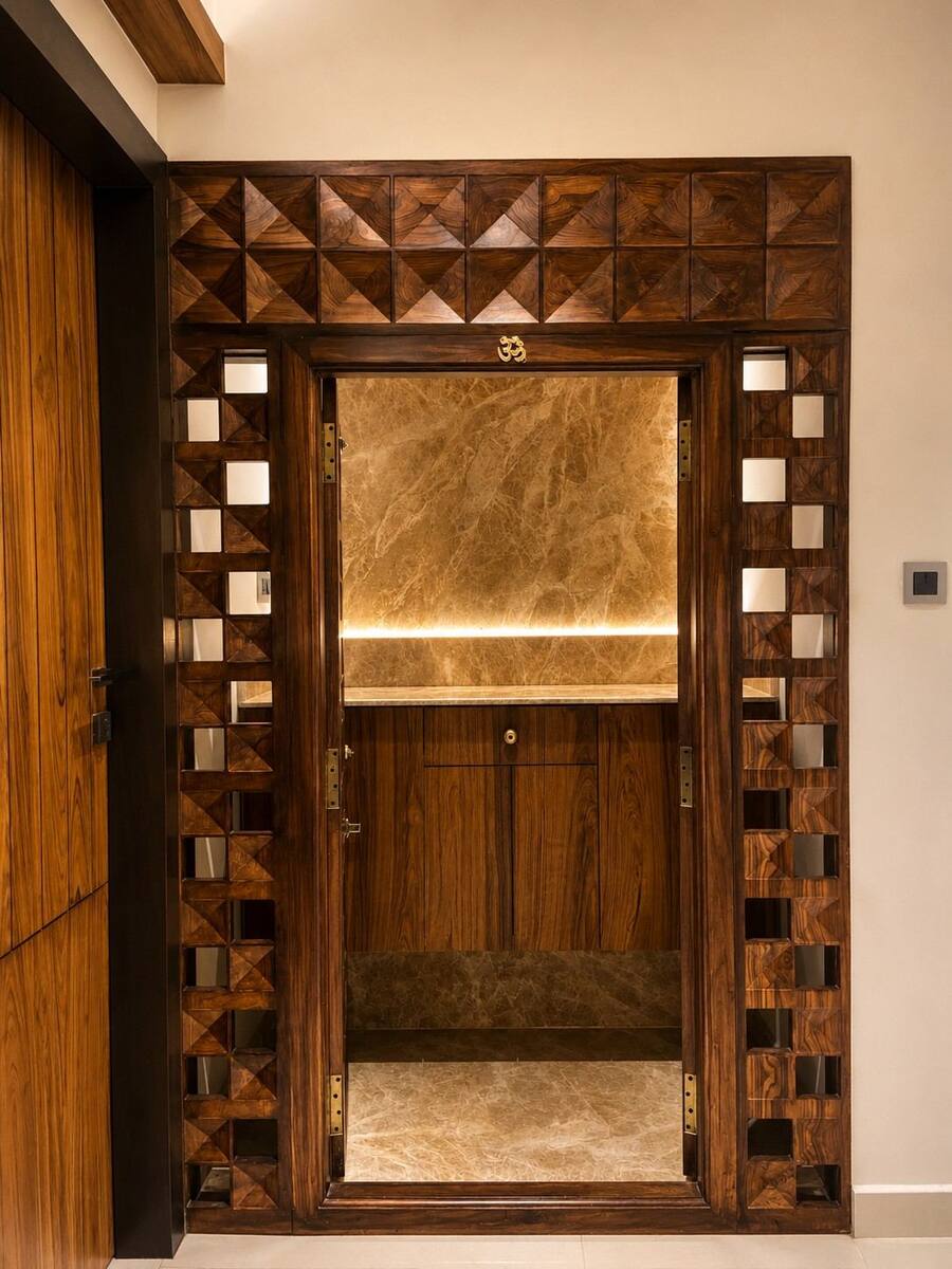 Vandeep Residence carved teak pooja unit door