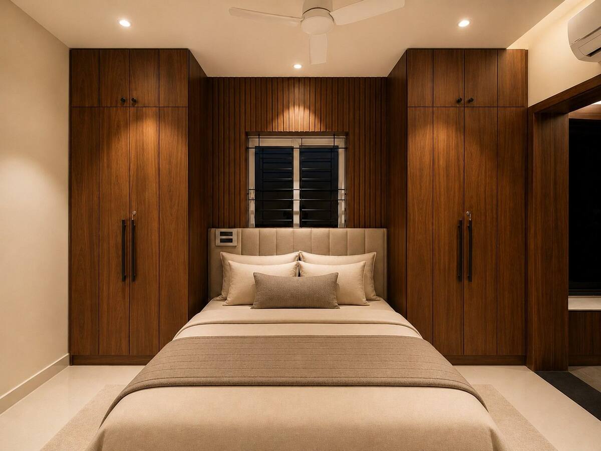 Vandeep Residence teak-paneled window flanked by wardrobes